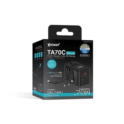 Xpower Ta70C Built-In Cable 70W Pd+Pps Gan Travel Adaptor - Black